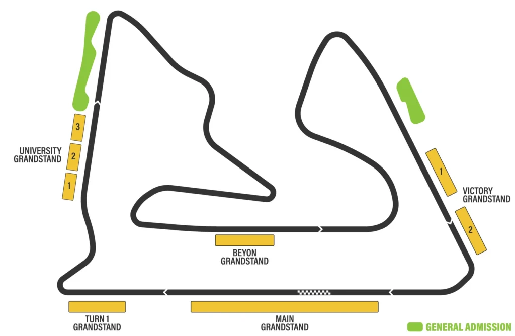 巴林國際賽道的看台區域配置，包括 Main Grandstand、Turn 1、University、Beyon、Victory 等座位區，並以綠色標示一般入場（General Admission）區域。