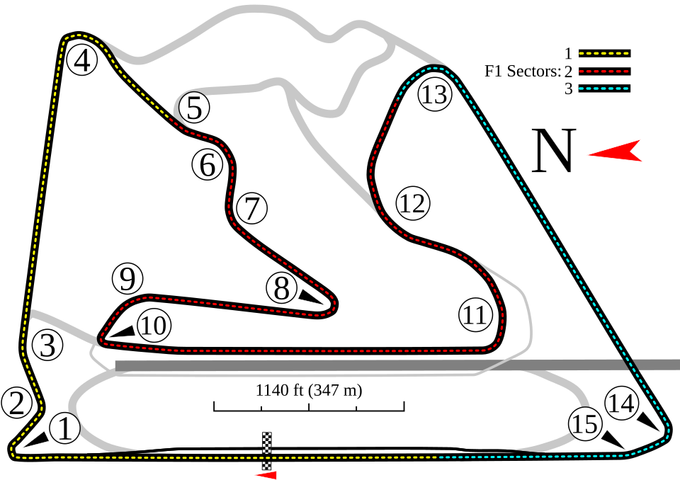 這張圖片呈現巴林國際賽道的完整 Grand Prix Layout（大獎賽配置）示意圖，包含清楚標示的 1 至 15 號彎角與三個 F1 賽段區間（以黃色、紅色、藍綠色虛線區分）。賽道外框以灰色呈現，中央描繪內圈多重技術彎，並附上北方指向符號與標示 1140 英尺比例尺。整體圖像具備清晰的彎道結構與路線辨識，常用於 F1 賽事講解、賽道分析與賽事資訊視覺化。