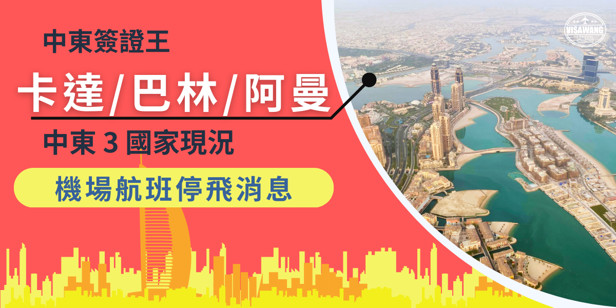 圖像左側以紅色背景呈現文字「中東簽證王 卡達/巴林/阿曼 中東3國家現況 機場航班停飛消息」，下方有黃色與藍色標示強調停飛訊息。右側為中東城市鳥瞰圖，顯示河道、建築群與交通狀況。底部加入黃色城市剪影與標誌性建築物插圖，營造都市與航班資訊整合的視覺效果。